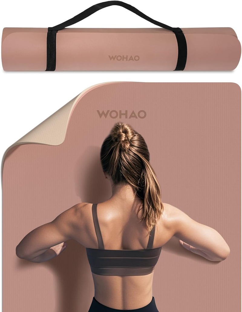 wohao حصيرة يوغا سميكة إضافية 8 مم، 72"x28" حصيرة تمارين غير قابلة للانزلاق، قابلة للعكس ذات لونين من مادة POE الفاخرة، مع حزام حمل لليوغا، البيلاتس، وصالة الألعاب الرياضية المنزلية - Image 1